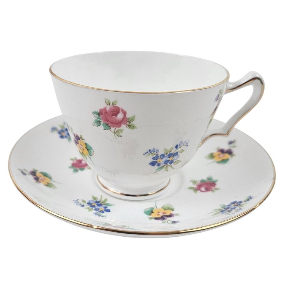 Vintage Crown Staffordshire Fine Bone China Floral Teacup Saucer Set Gold Trim